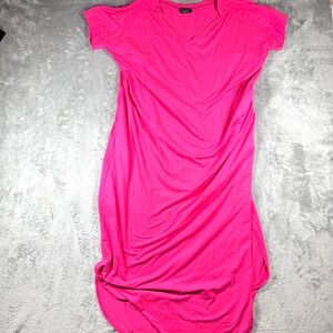 Midi T-Shirt Dress Womens S/M Pink Short Sleeve V-Neck Stretch Oversized Comfy